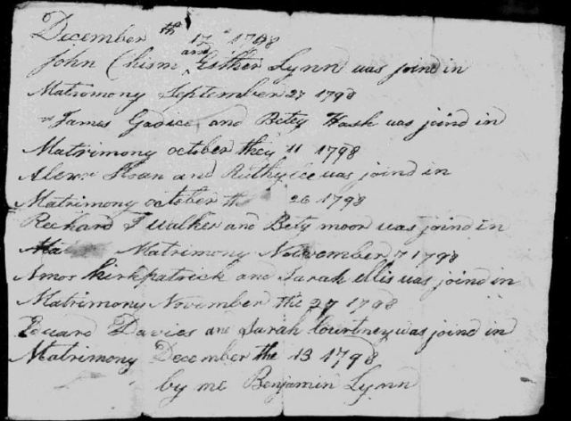 Benjamin Lynn performed his daughter Esther’s Sep 27, 1798, Green CO.,KY. marriage.